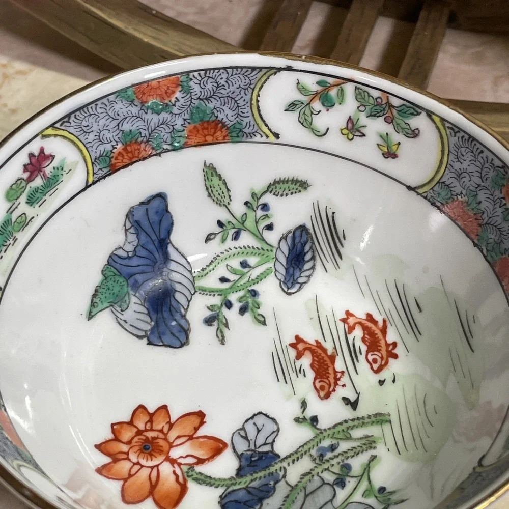 Vintage Chinese Koi Fish Ceramic Bowl - Fish Pond w/ Orange‎ Blue Flowers